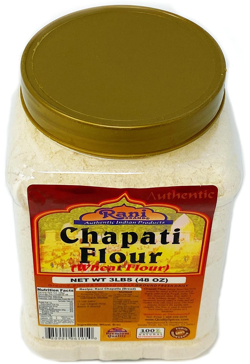 Rani Chapati Flour (100% Pure Whole Wheat Atta), For Making Roti & Indian Breads 48Oz (3Lbs) 1.36Kg Pet Jar ~ All Natural | Vegan | No Salt Or Colors | Non-Gmo | Indian Origin