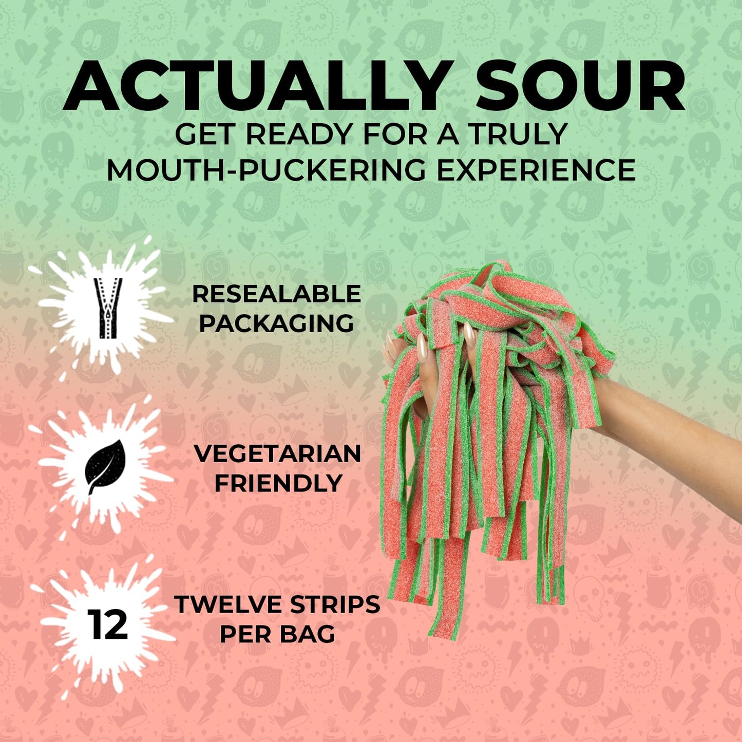 Sour Strips Flavored Sour Candy Strips, Deliciously Sour Chewy Candy Belts, Vegetarian Candies, 3 Pack (Watermelon (3-Pack))