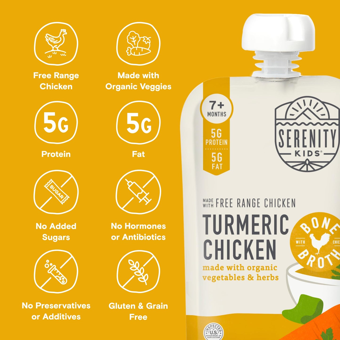 Serenity Kids Bone Broth Puree Made With Organic Veggies | Clean Label Project Purity Award Certified | 3.5 Ounce Bpa-Free Pouch | Free Range Turmeric Chicken | 1 Count