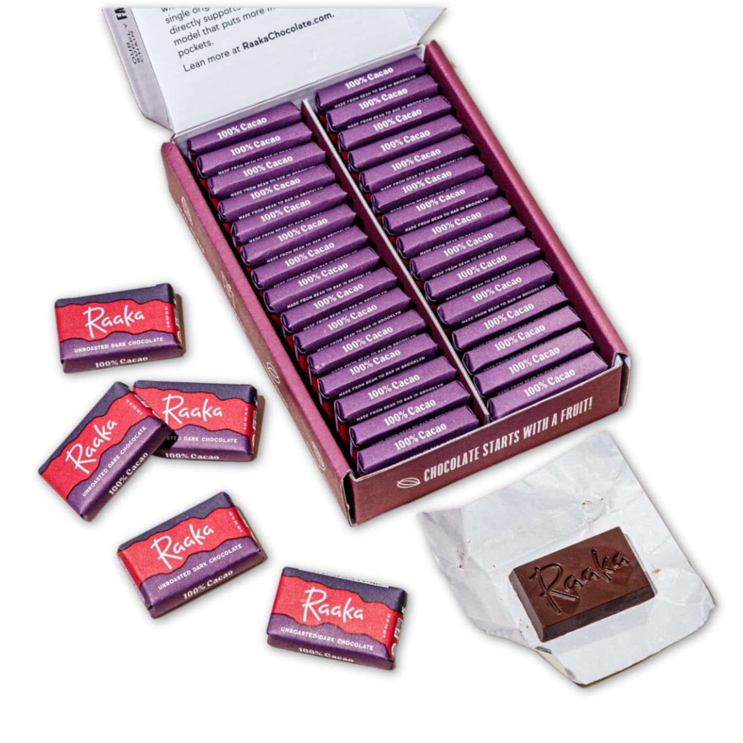 Raaka 100% Dark Chocolate Gift Box | Unsweetened, No Sugar Added Chocolate | Organic, Vegan, Gluten Free, Paleo | Box Of 30 Indi