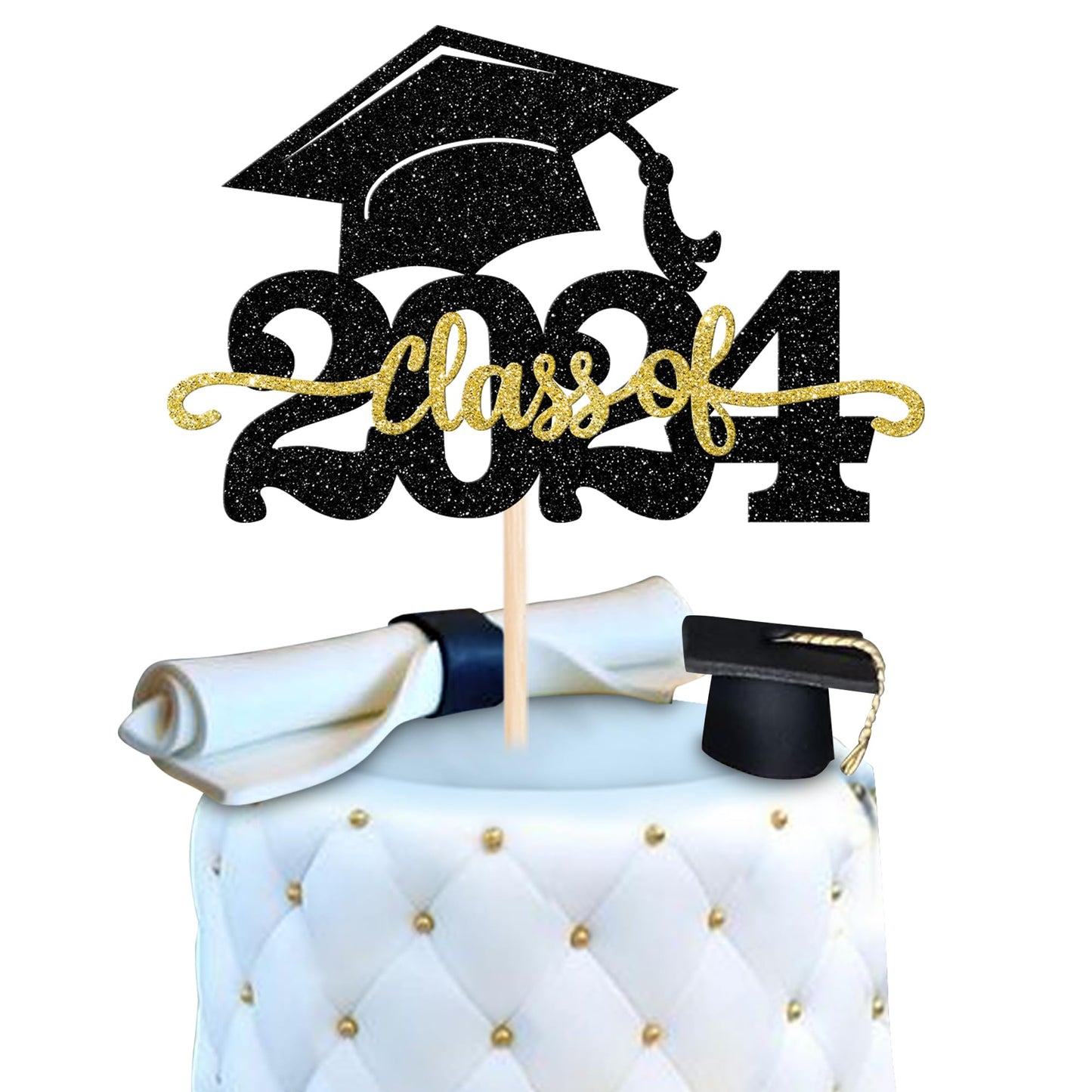 YCTHUNFISH Graduation Cake Topper, Class of 2025, Black Gold, Small Size, Glitter Congrats Grad Cap Decoration