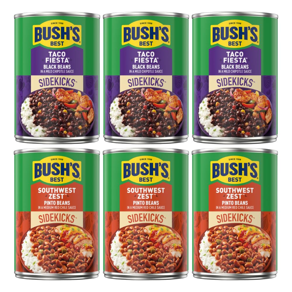 Bush's Best Baked Beans, Sidekicks Variety Pack, Southwest Zest Pinto Beans (15oz), Taco Fiesta Black Beans (15.1oz) (3 of each)