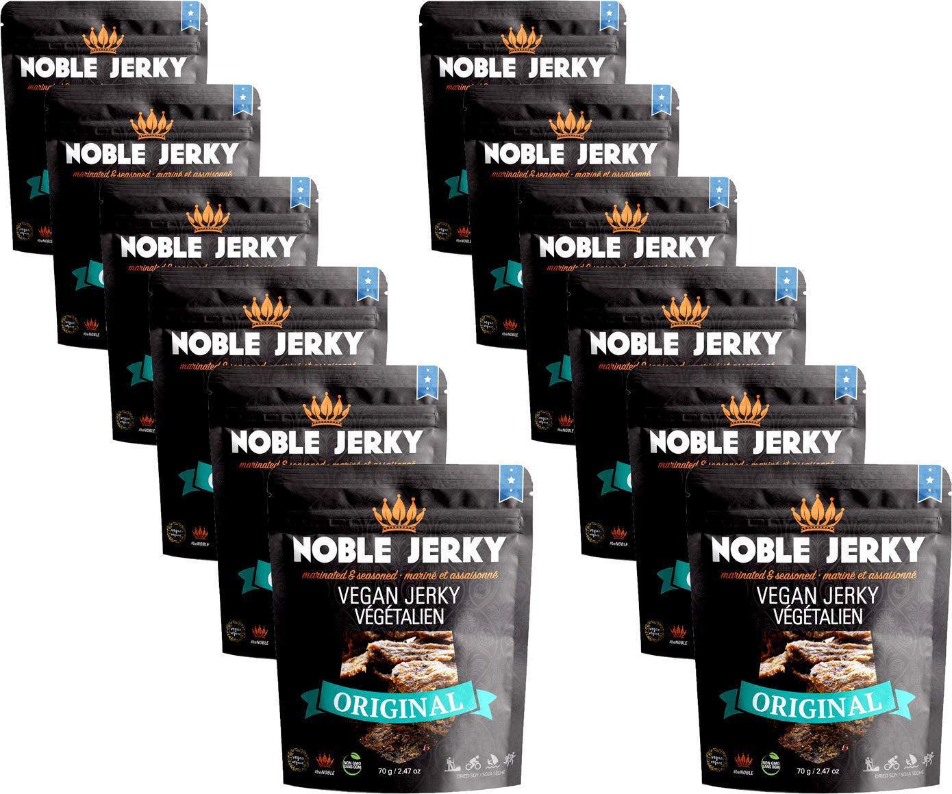 Noble Jerky - Vegan Jerky, Plant-Based High Protein Snack, Vegetarian, Non-GMO, Original Flavor, 12 Pack (70g Bags), 14g Protein