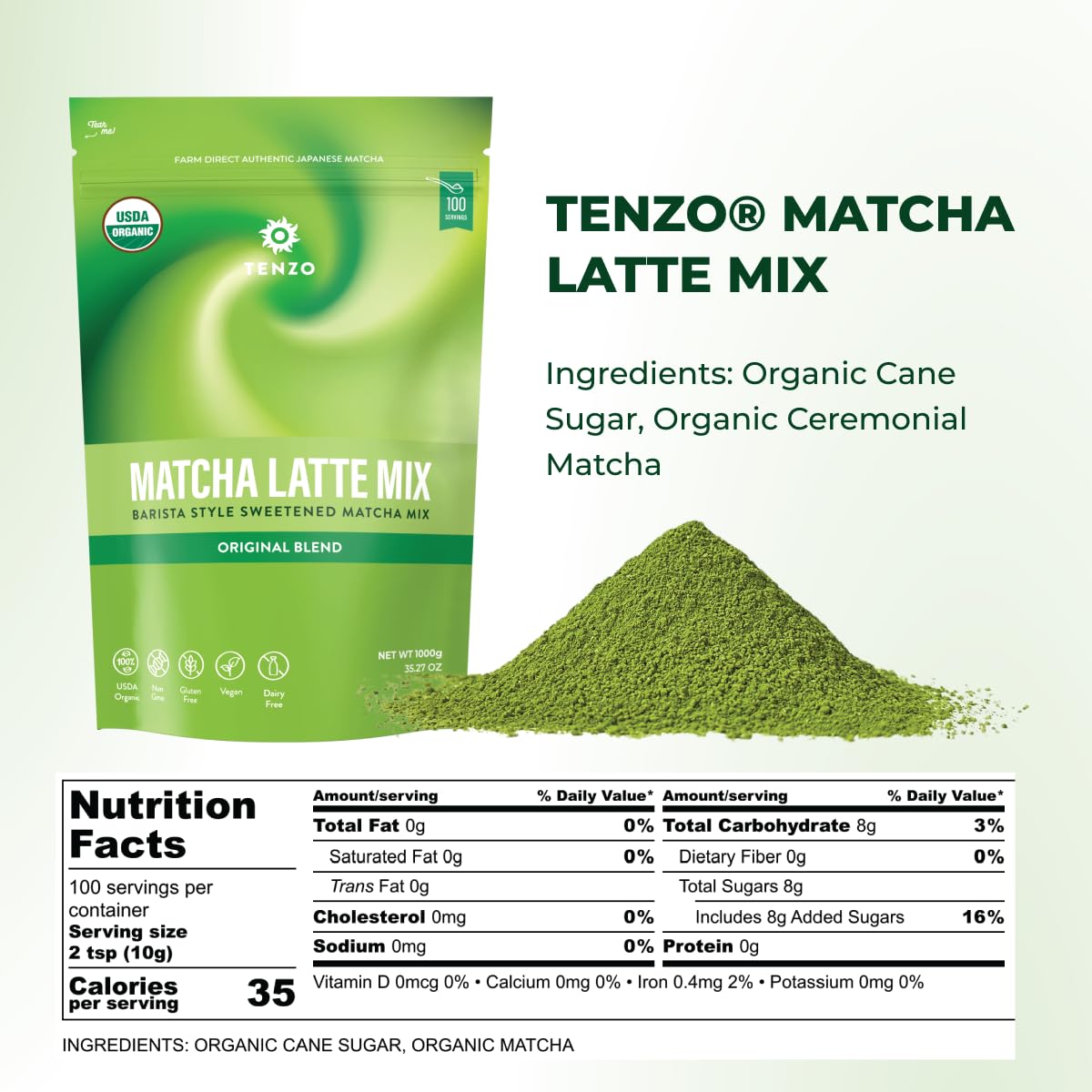 Tenzo Matcha Green Tea Powder, Organic Sweetened Latte Mix, 2.2 Pound, Ceremonial Barista Crafted, Authentically Japanese