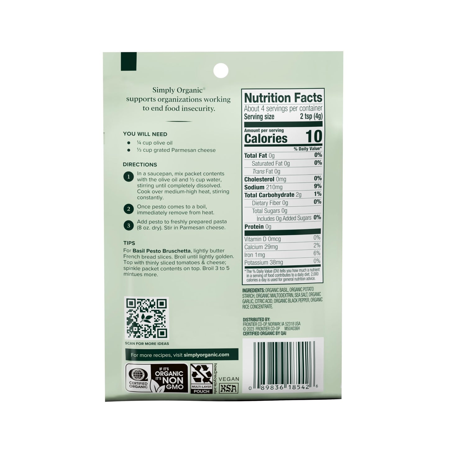 Simply Organic Sweet Basil Pesto Seasoning Mix, 0.53 Ounce - 12 Per Case.