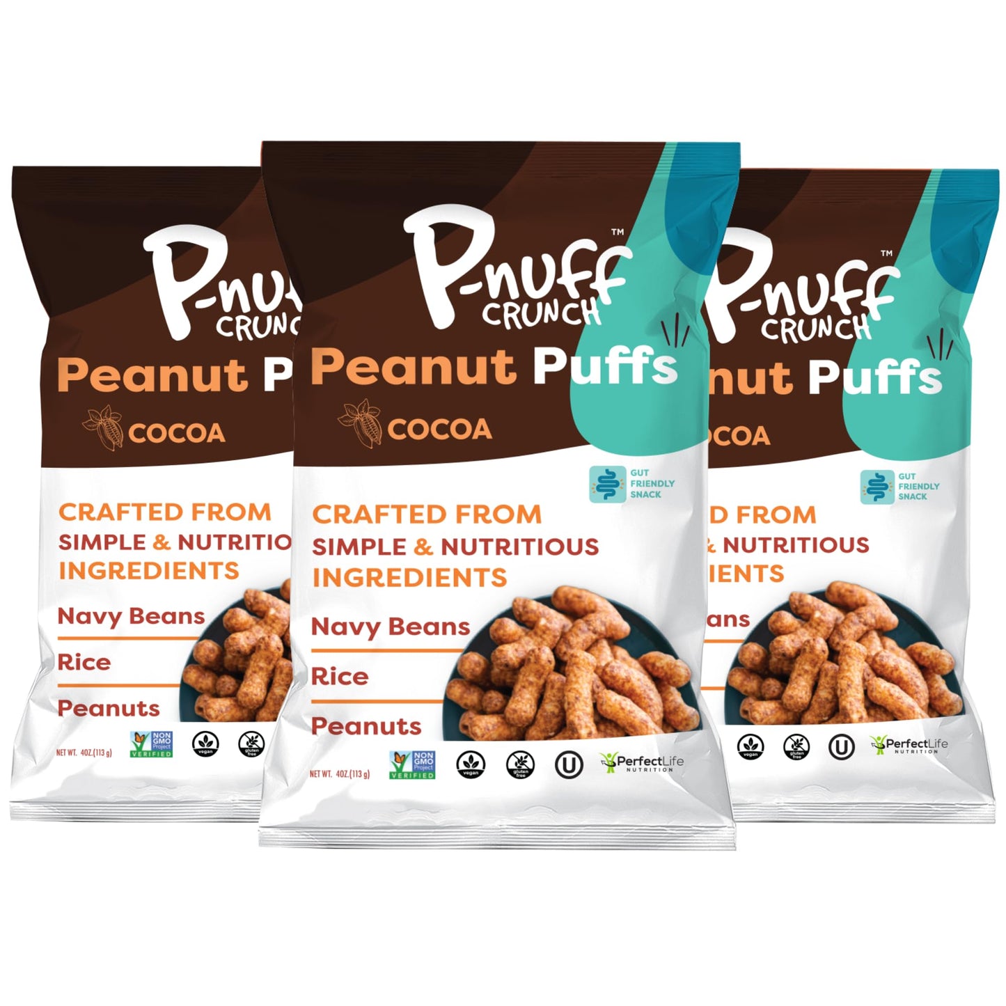 P-Nuff Crunch Baked Peanut Puffs, Vegan, Gluten Free, 20g Protein, Low FODMAP, 4oz Bag, Pack of 3