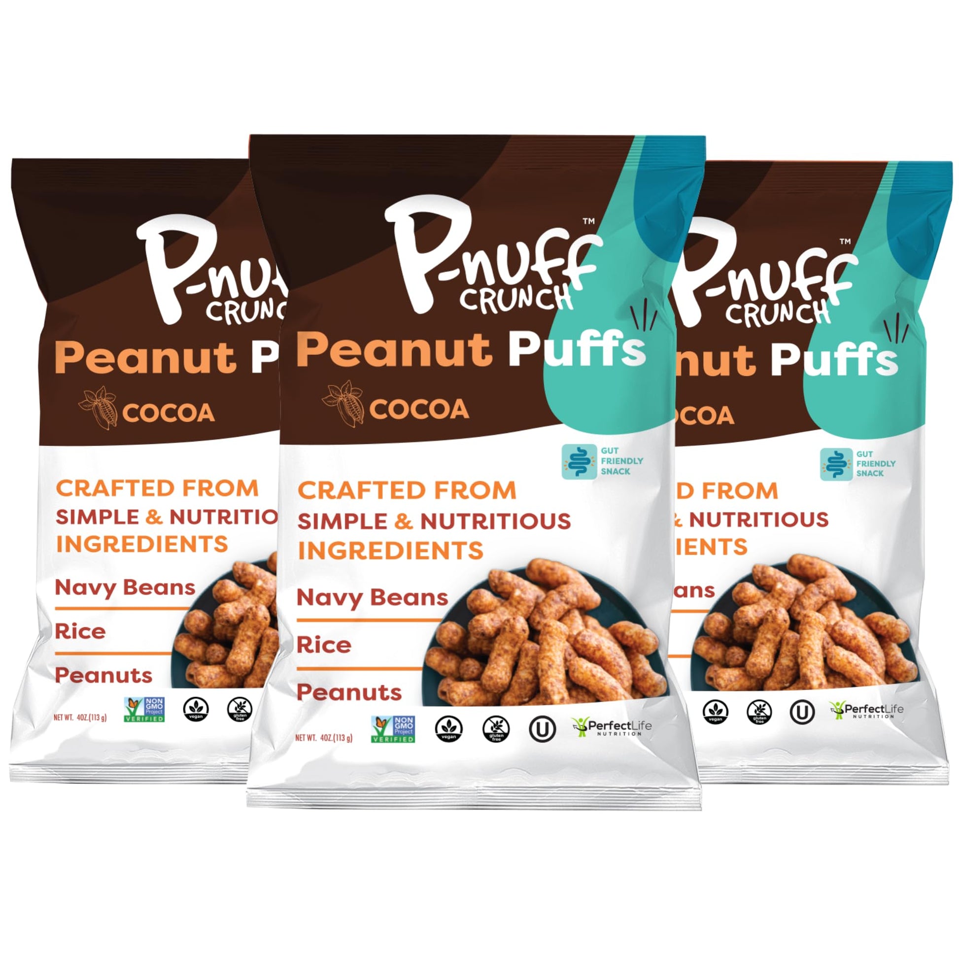 P-Nuff Crunch Baked Peanut Puffs, Vegan, Gluten Free, 20g Protein, Low FODMAP, 4oz Bag, Pack of 3