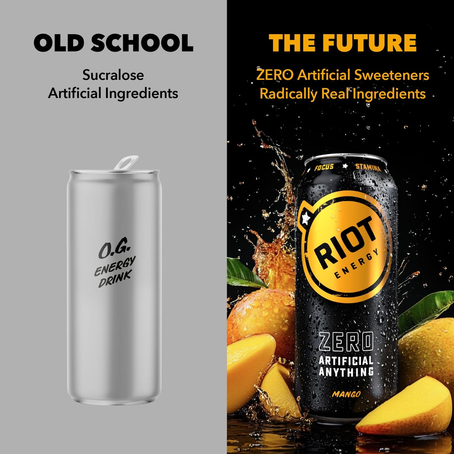 RIOT Clean Energy Drink, Mango, Organic, No Sugar, 100mg L-Theanine, 16 Fl Oz, Plastic