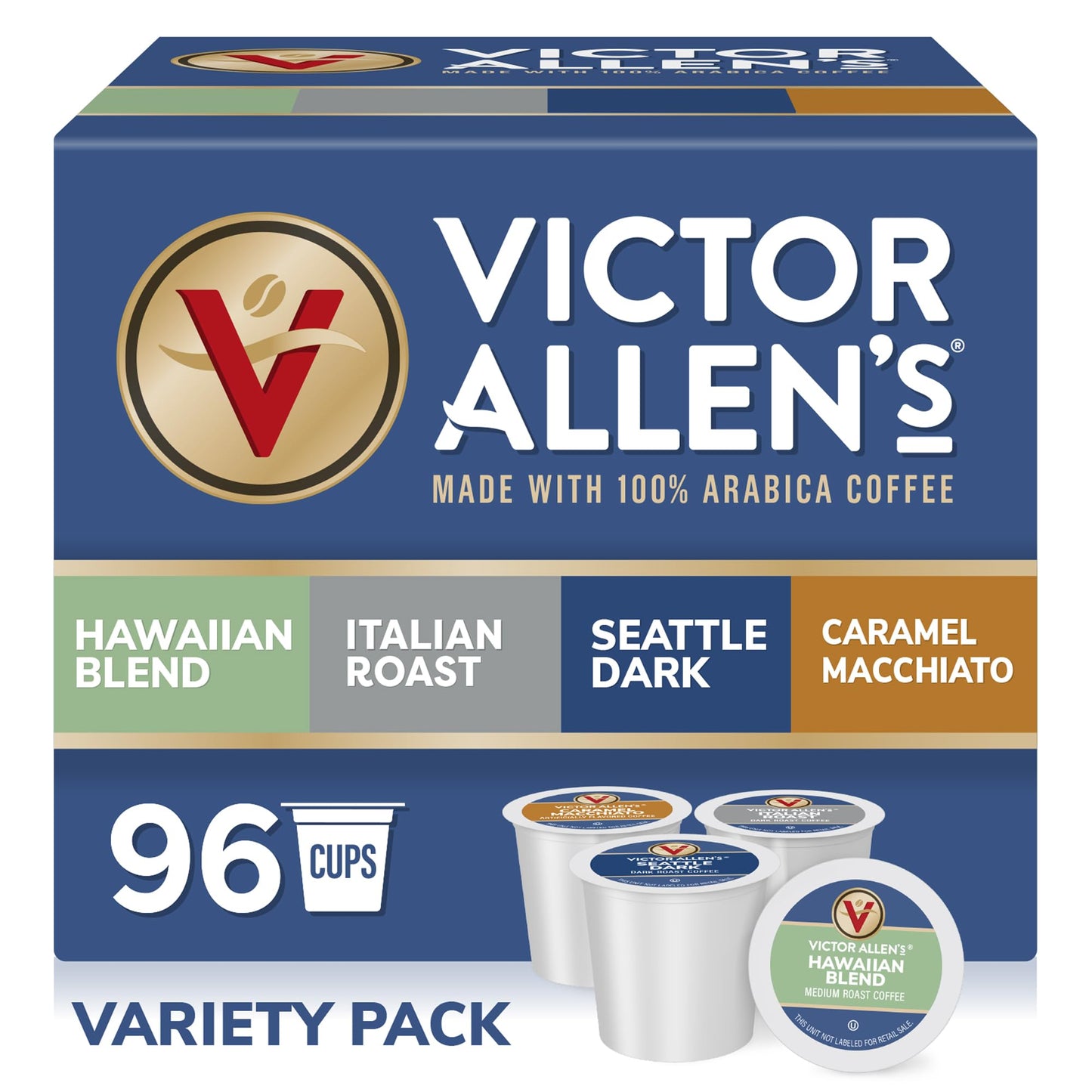 Victor Allens Coffee Variety Pack, Single Serve Pods, 96 Count, Kona Blend, Italian Roast, Seattle Dark, Caramel Macchiato, Brown