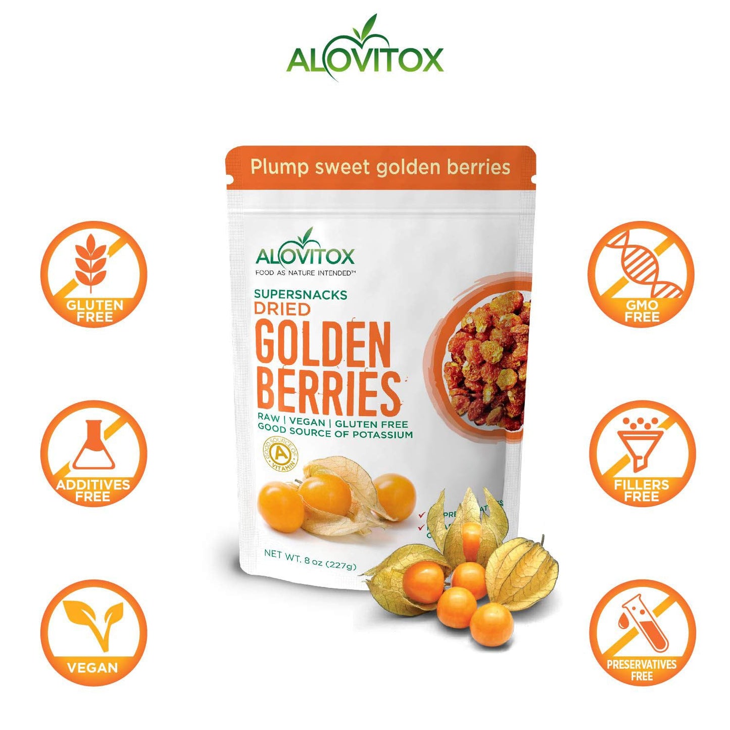 Alovitox Sun Dried Golden Berries | Raw, Fresh & Organic | 1 oz Contains 2g Protein & 5g Fiber, Low-Calorie & Glycemic Index | W