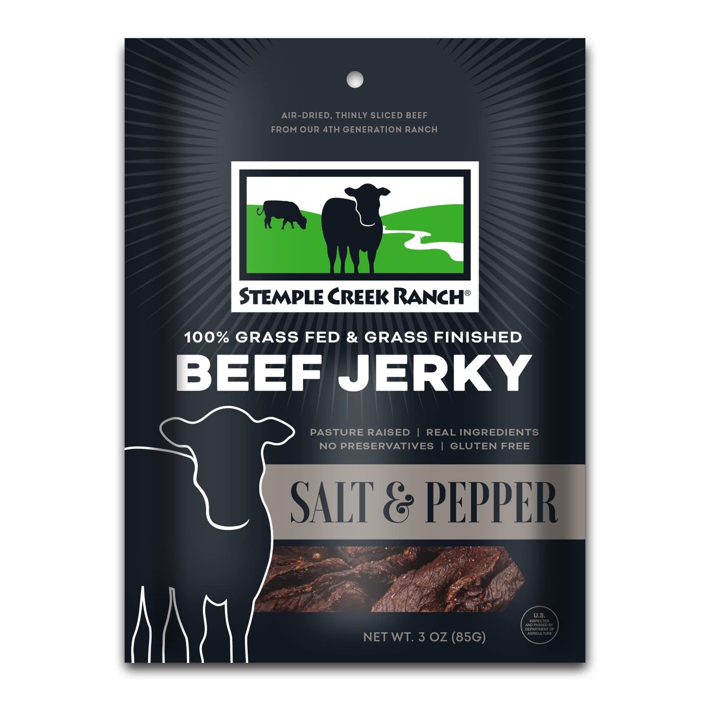 Original Stemple Creek Ranch Beef Jerky, 100% Grass-Fed, Gluten Free, No-Sugar, 4 Clean Ingredients, 3 Ounces (Salt & Pepper, 3-
