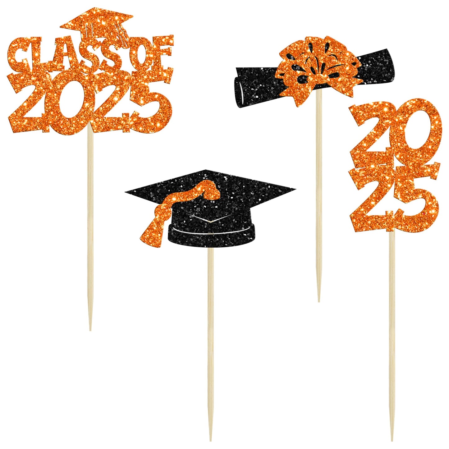 Ephlyn 36Pcs Graduation Cupcake Toppers, Glitter Class of 2025, Orange, Diploma & Cap Picks for Graduation Party Decorations