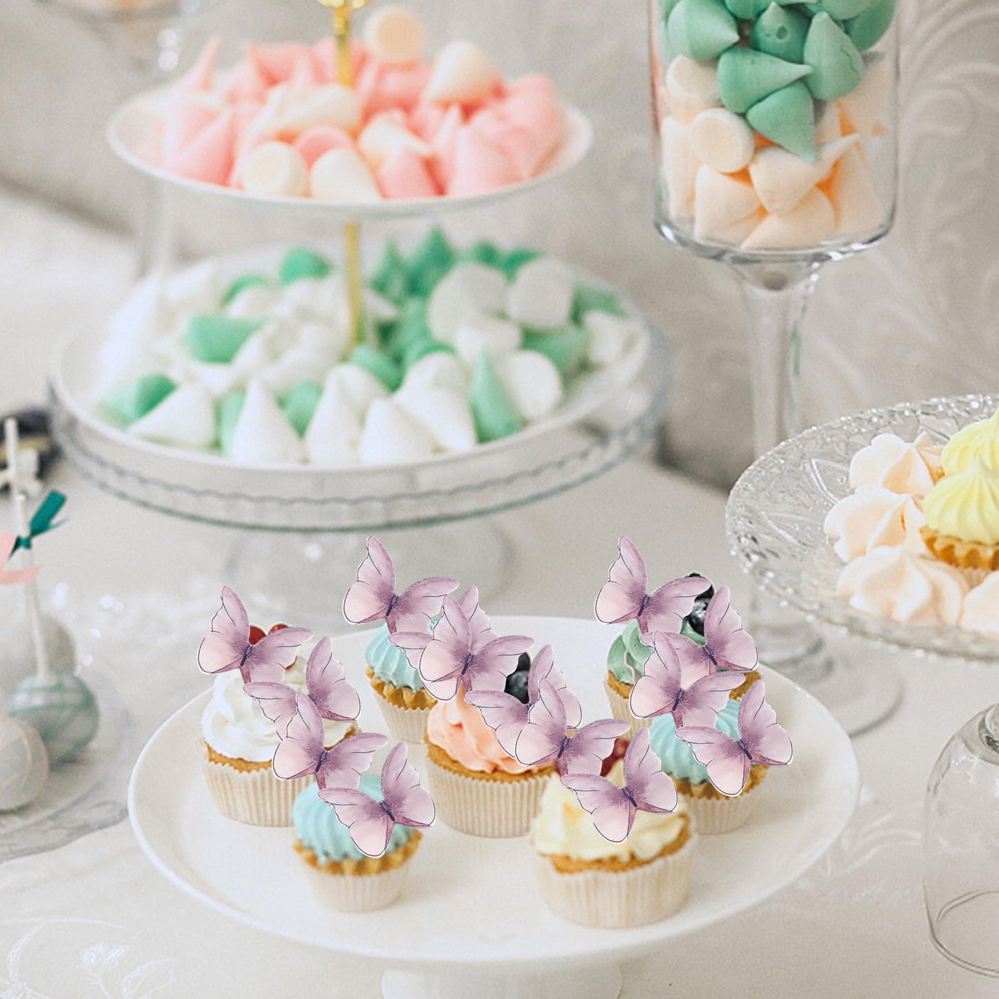Rssta i 48 Pack Edible Butterflies for Cake Decorating, Purple Paper Cupcake Toppers