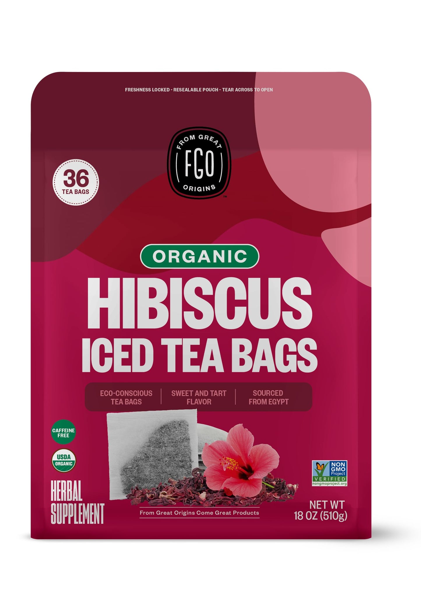 FGO Organic Hibiscus Iced Tea Bags - Eco-Conscious Kraft Bag, 36 Pitcher Bags
