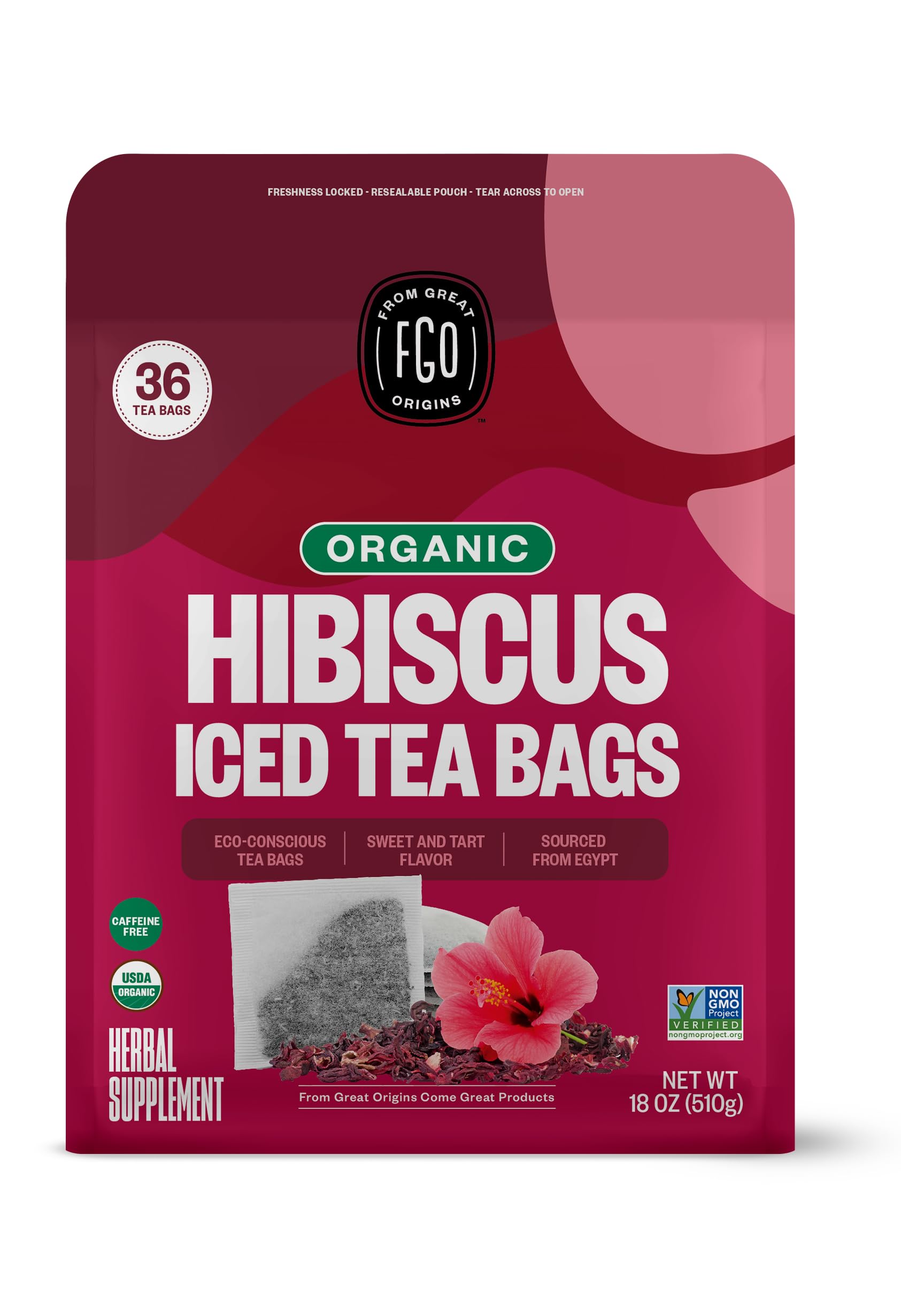 FGO Organic Hibiscus Iced Tea Bags - Eco-Conscious Kraft Bag, 36 Pitcher Bags