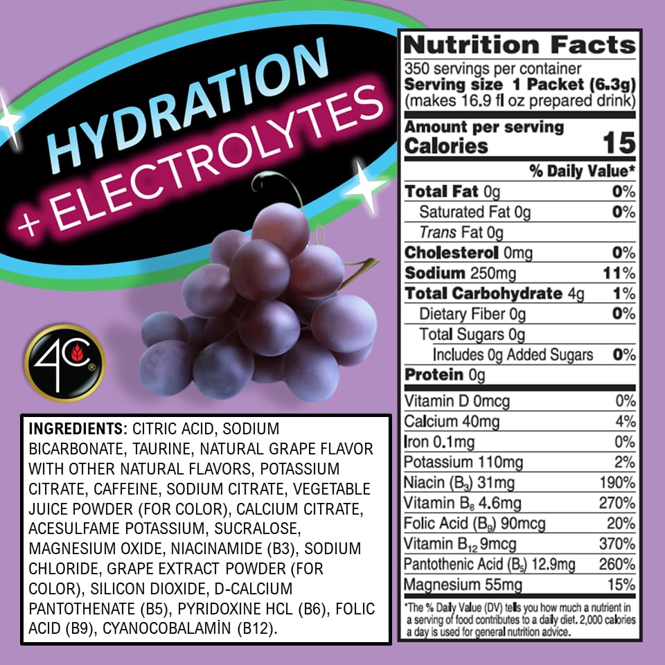 4C Powder Drink Mix, Bulk Buy, Singles Stix, On The Go, Refreshing Water Flavorings, Value Pack (Energy Rush - Grape, 350 Count