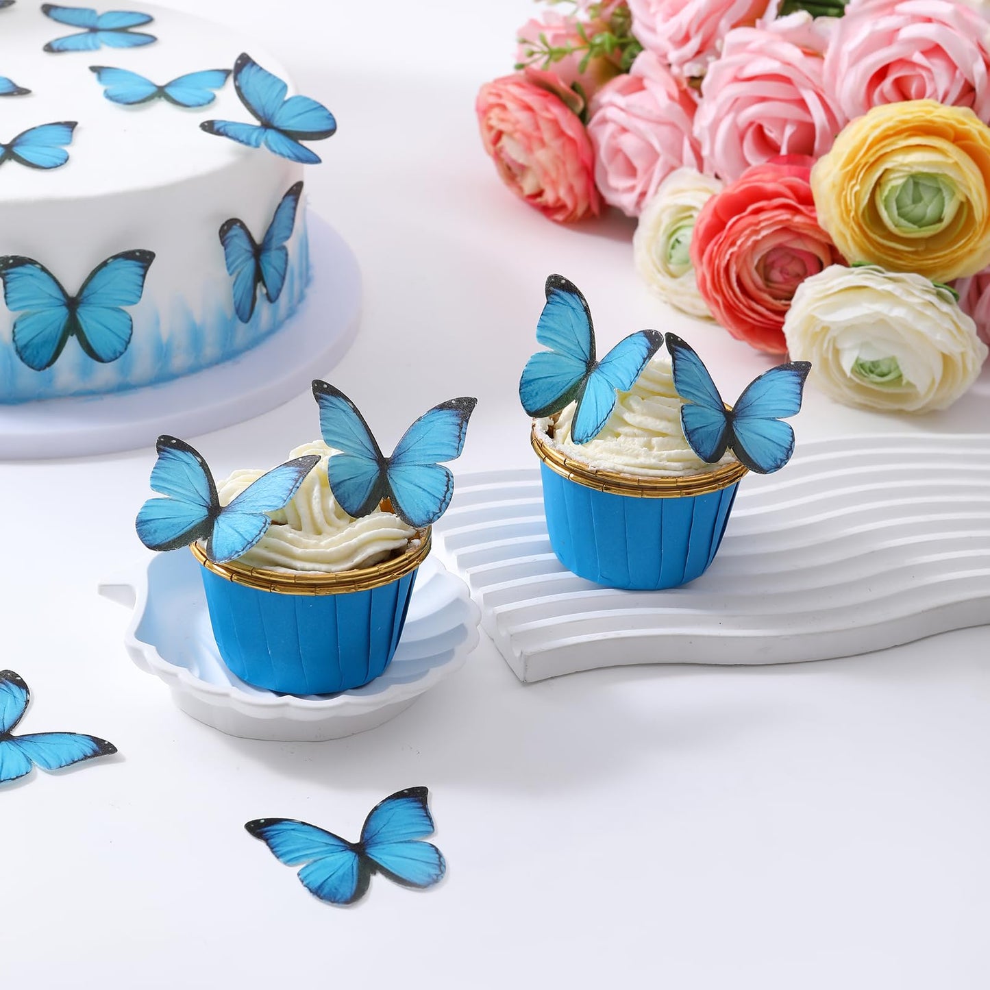 Yocity Butterfly Cupcake Toppers 48Pcs Edible Blue Butterfly Cake Decorations Edible Butterflies For Cake Decorating Wafer Paper