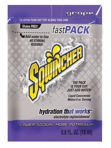Sqwincher 015302-GR .6 Ounce Fast Pack Liquid Concentrate Packet Grape Electrolyte Drink - Yields 6 Ounces (50 Single Serving Pa