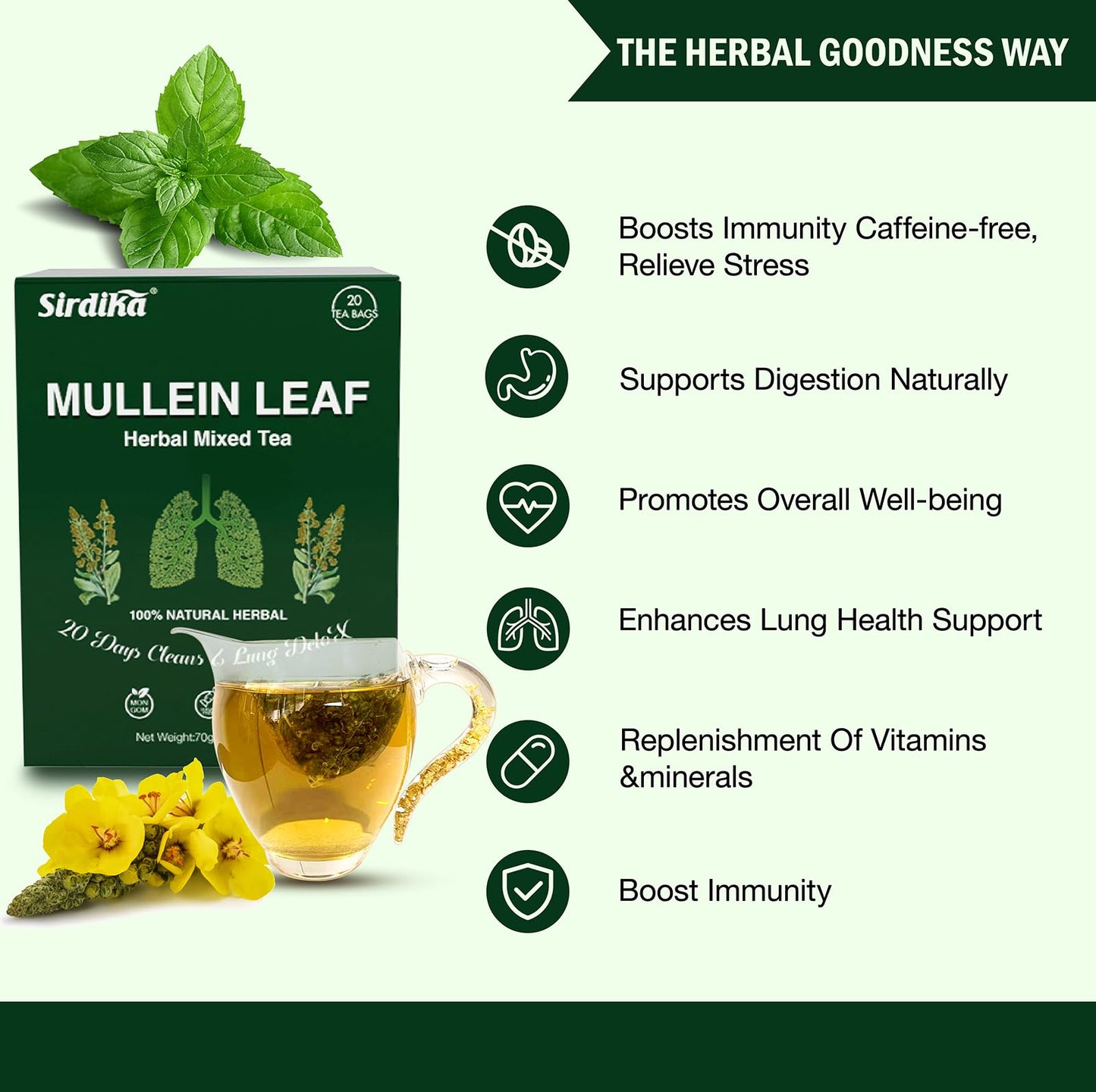 SIRDIKA Mullein Tea Bags - 20 Teabags, 100% Pure Natural Herbal Tea, Caffeine Free, 2 BOX