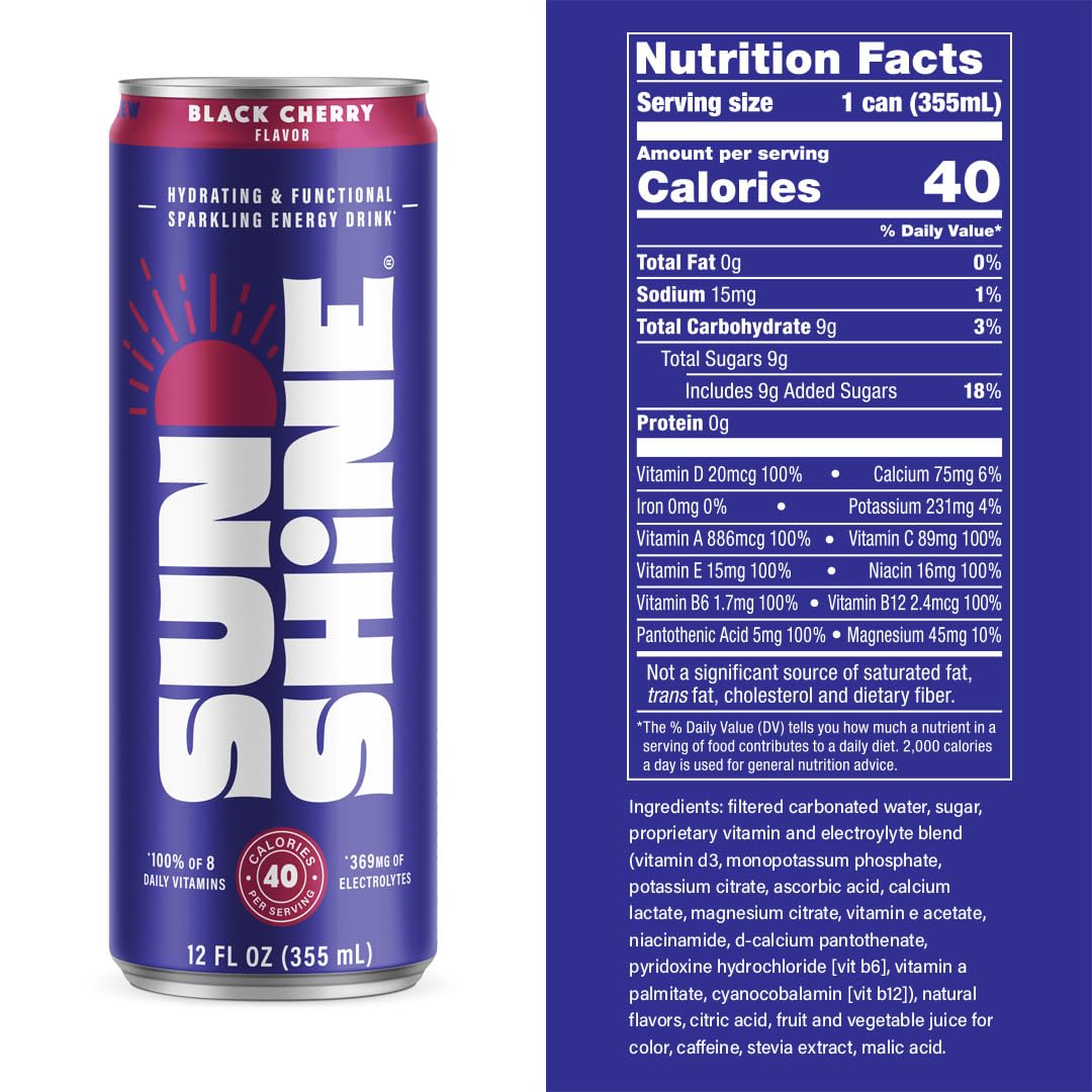 Legendary Sunshine Sparkling Energy Drink, Black Cherry, 360mg Electrolytes, 70mg Natural Caffeine, 12 Fl Oz, Pack of 12