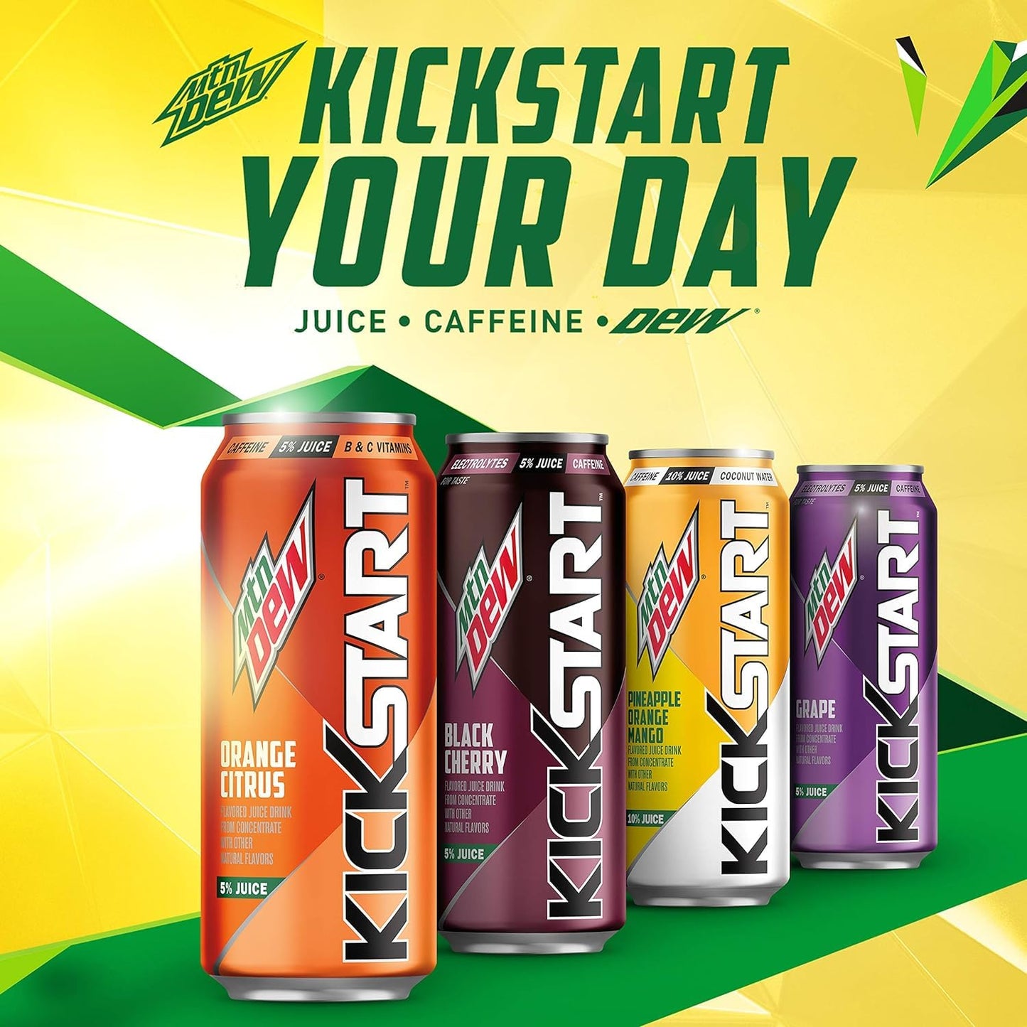 Mountain Dew Kickstart Orange Citrus Drink, 92mg Caffeine, 80 Calories, 16 Fl Oz, Pack of 12
