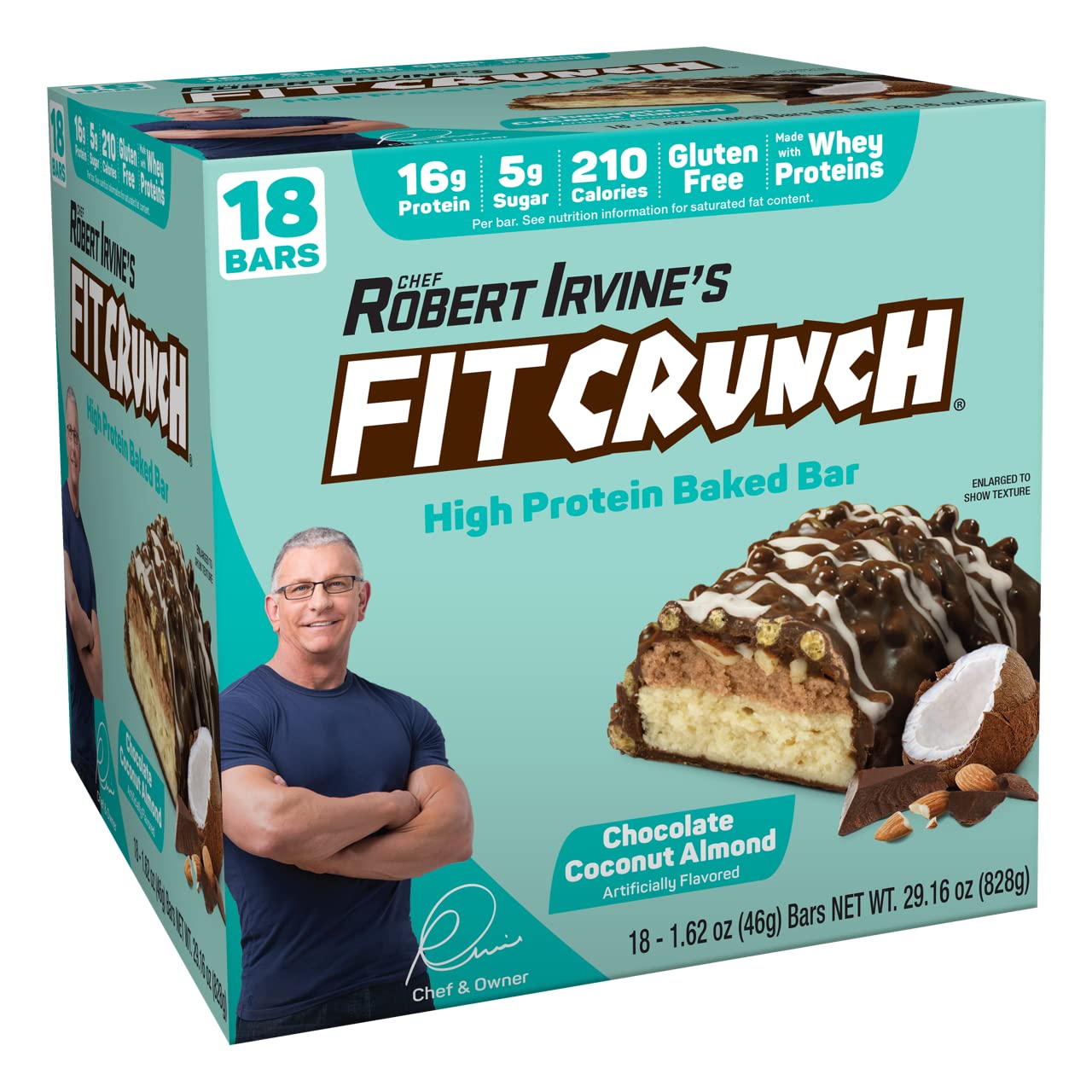FITCRUNCH Snack Size Protein Bars, 6-Layer Baked Bar, 5g of Sugar & Soft Cake Core (18 Bars, Chocolate Coconut Almond)