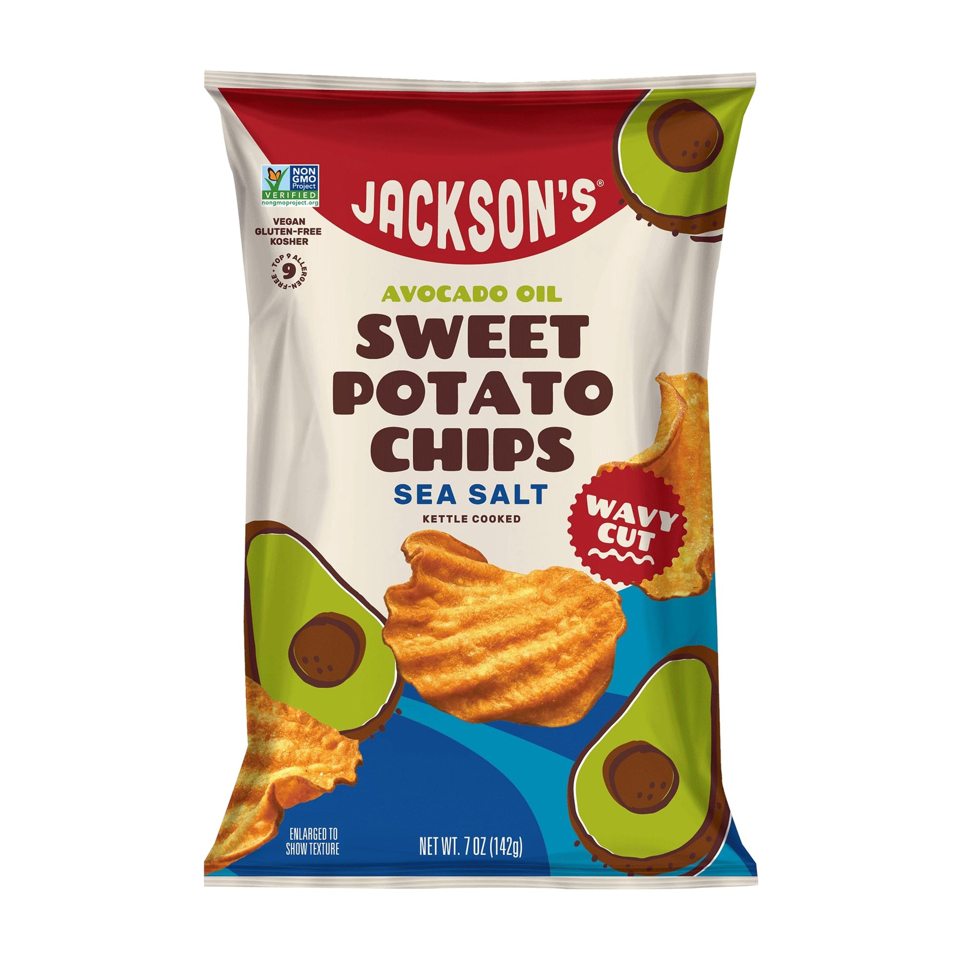 Jacksons Wavy Sweet Potato Kettle Chips, Sea Salt, 7oz, Pack of 6, Gluten Free, Vegan, Paleo Friendly