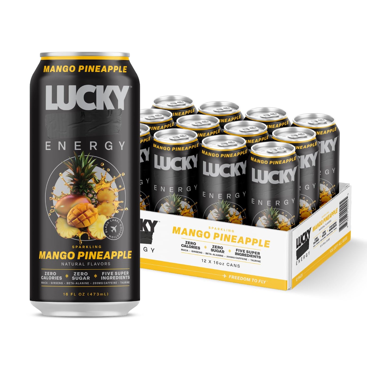 Lucky Energy Sugar Free Energy Drinks  Mango Pineapple  16Oz Cans (12-Pack) Healthy  Zero Sugar Energy Drink With Maca  Flavor Blendseng  Playa-Alanine  Taurine & 200Mg Energy Blend