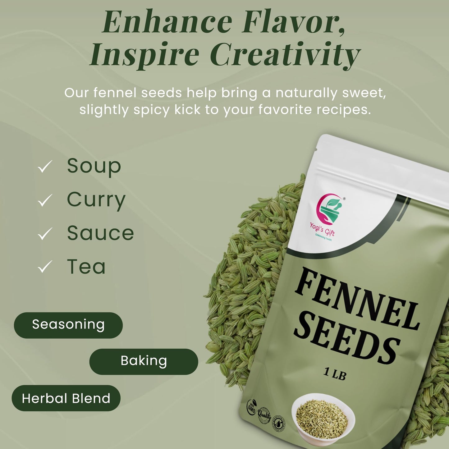 Fennel Seeds 1 Lb, 100% Pure & Natural Whole Fennel, Enhanced Quality Spice For Cooking & Tea, Fresh & Aromatic - By Yogi’S Gift®