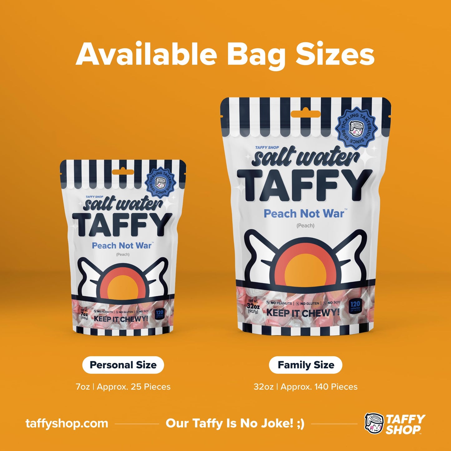 Taffy Shop Peach Not War, Peach Salt Water Taffy - Gourmet Soft Chewy Candy, Bulk Sweet Snack, Fresh Gift & Gluten-Free, 140 Ind