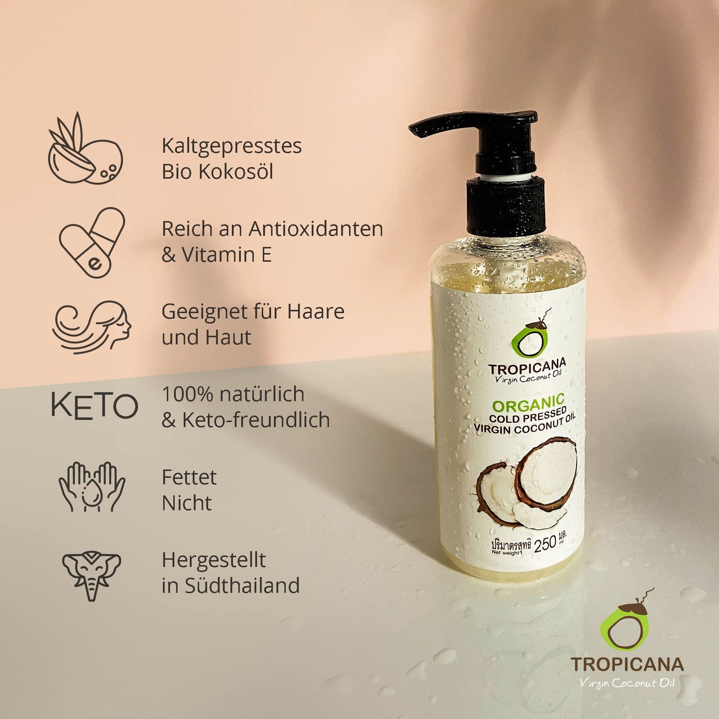 Tropicana Virgin Coconut Oil Usda Organic 8.45 Fl. Oz. Whole Kernel Cold-Pressed Coconut Oil Hexane-Free Not-Hydrogenated Great