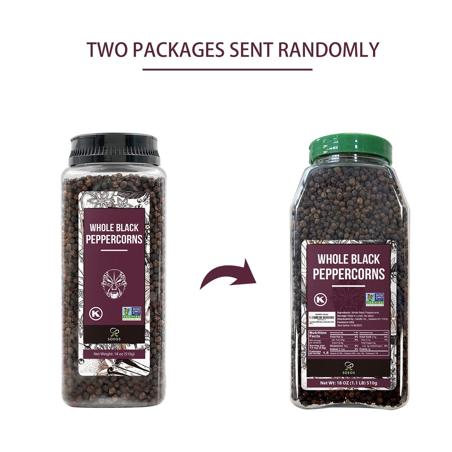 Soeos Black Peppercorns, 18Oz (Pack Of 1), Non-Gmo, Kosher, Packed To Keep Peppers Fresh, Peppercorn For Grinder Refill, Whole Peppercorns