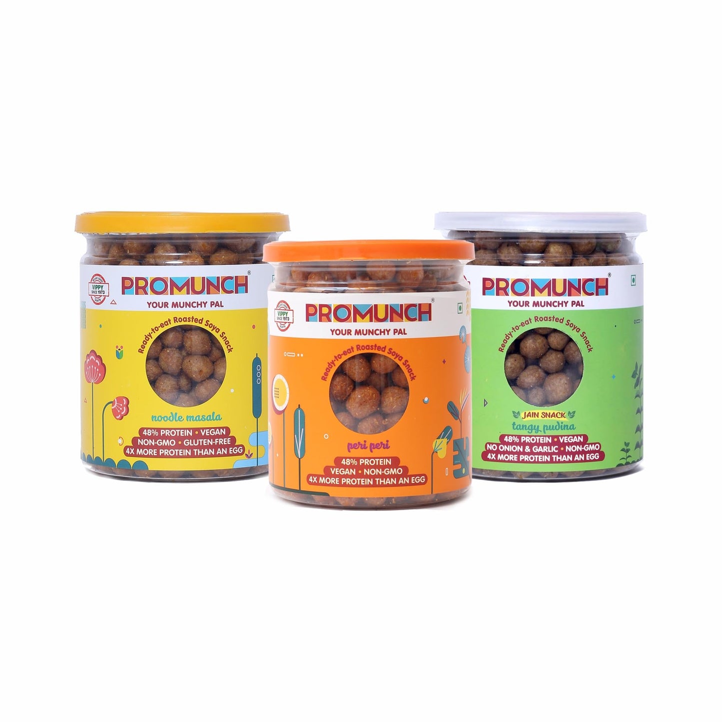 PROMUNCH Roasted Soya Snack | Vegan | High-Protein | Healthy | Gluten-Free | Pack of 3, Flavour: Noodle Masala, Tangy Pudina & P