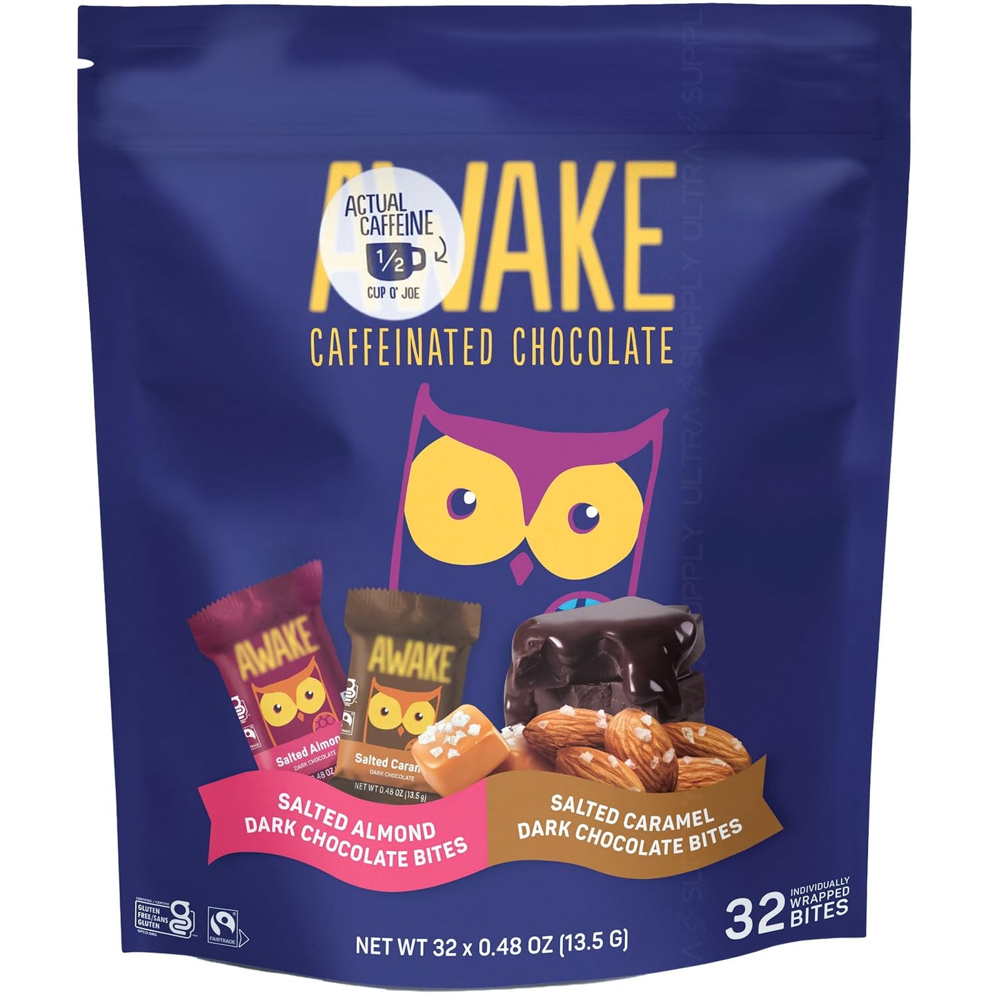 Awake_Caffeinated Chocolate Bites (32 Count. Value Pack) - Salted Almond & Salted Caramel Dark Chocolate - 50Mg Energy Blend Per Bite - Energy Boosting Snack - Individually Wrapped