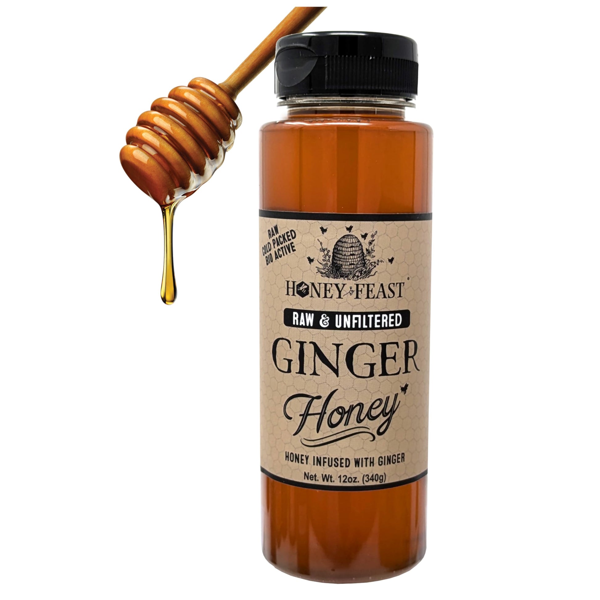 Honey Feast Ginger Honey, Natural Ginger Root Infused, Unfiltered Florida Honey, 12oz