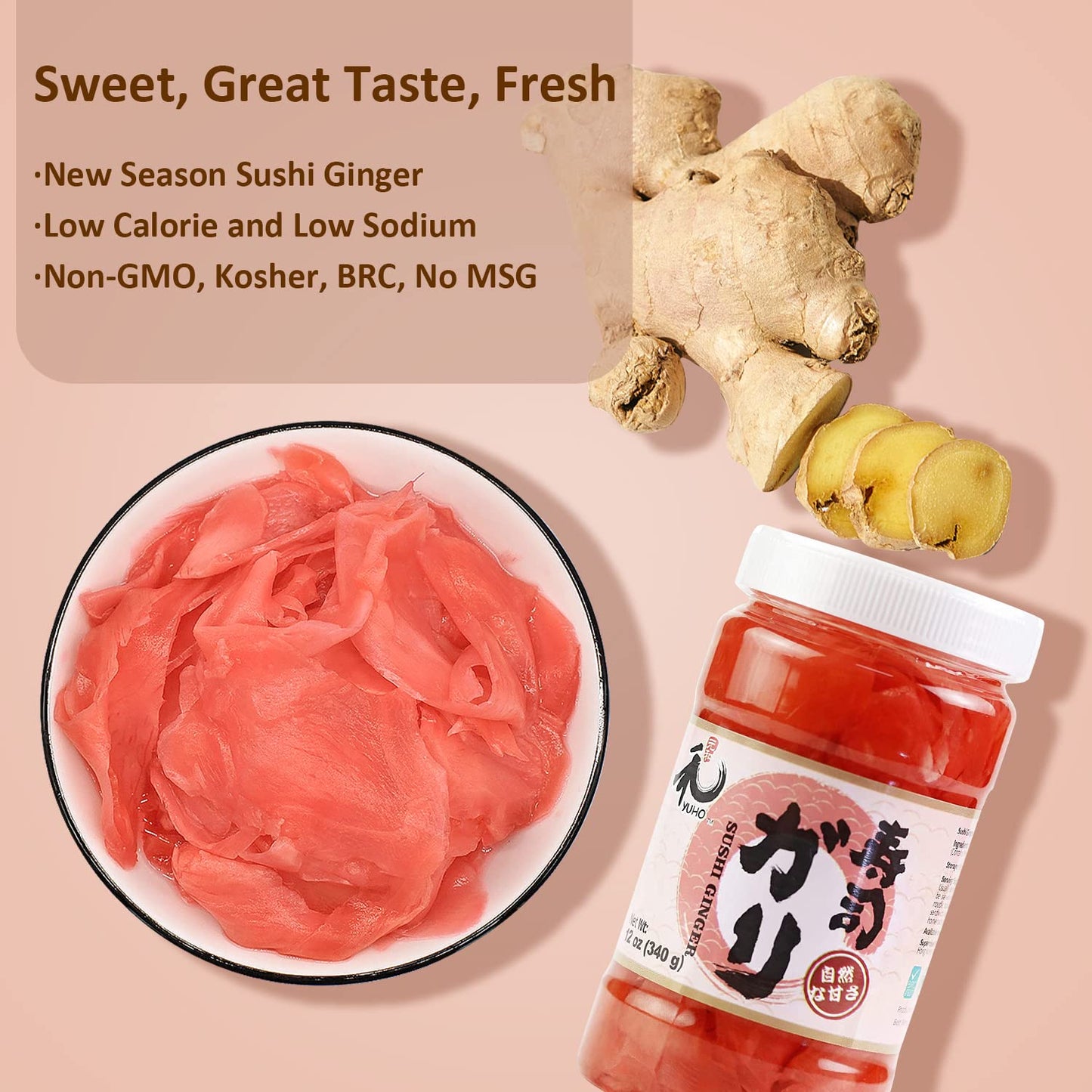 YUHO Pickled Sushi Ginger, Japanese Pink Gari Sushi Ginger Fat Free, Sugar Free, Kosher, BRC, No MSG, Low cal- 2 Jars of 12 oz