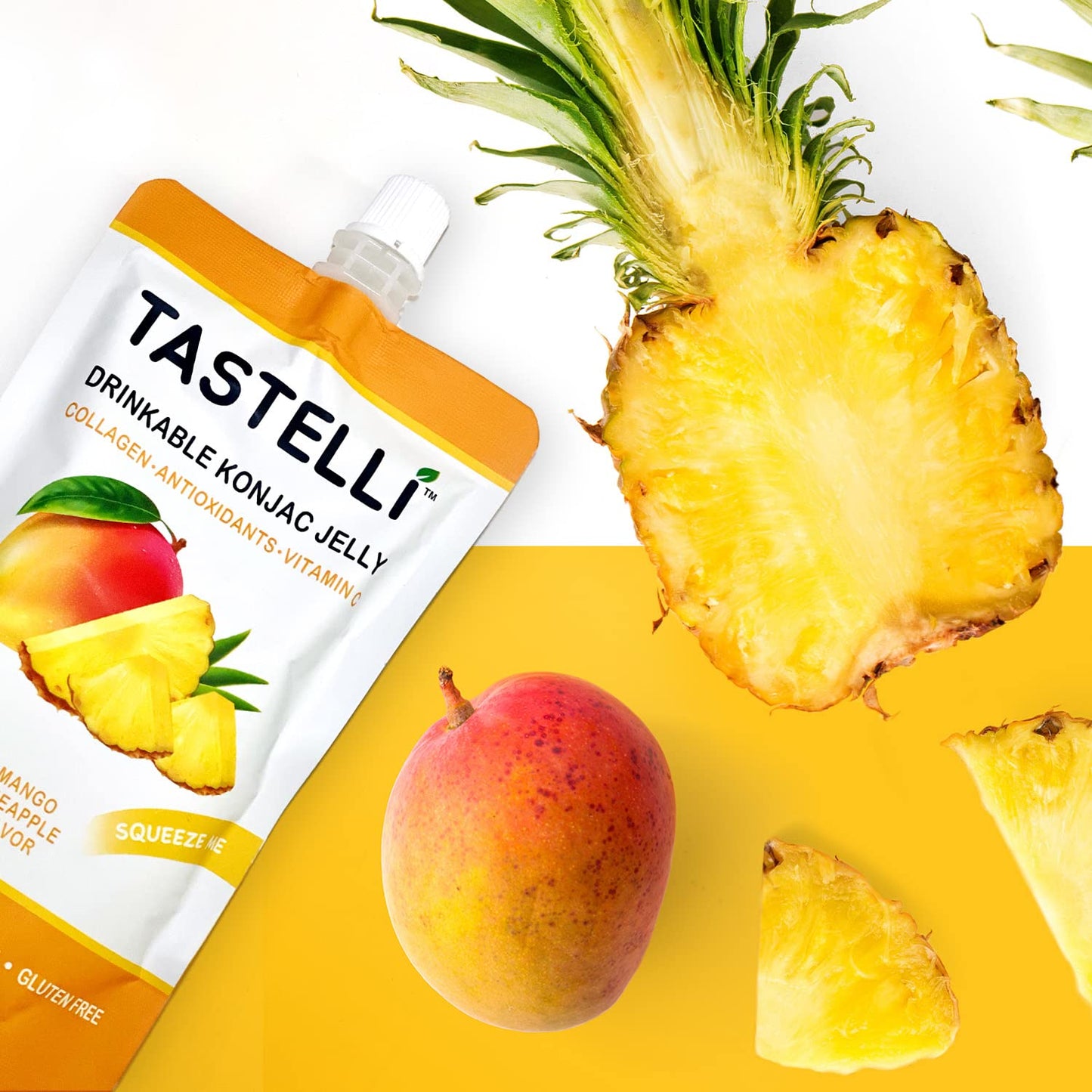 Tastelli Konjac Jelly Drink with Collagen & Vitamin C, 10 Cal, Vegan, Mango Pineapple, 150mL, Pack of 10 Pouches