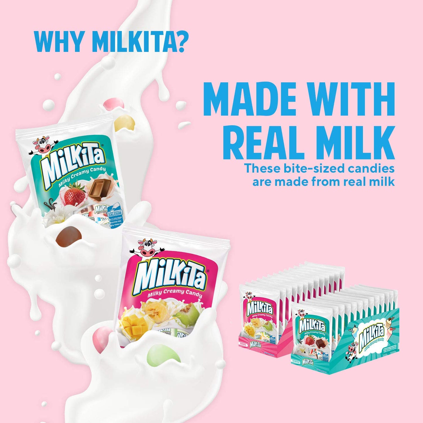 Milkita Creamy Shake Candy Pack Of 4, Gluten Free Chewy Candies With Calcium & Real Milk, Zero Trans Fat, Low-Sugar, Assorted Neapolitan Flavors (Vanilla, Strawberry, Chocolate) & Tropical Flavors (Banana, Honeydew, Mango), 120 Pcs