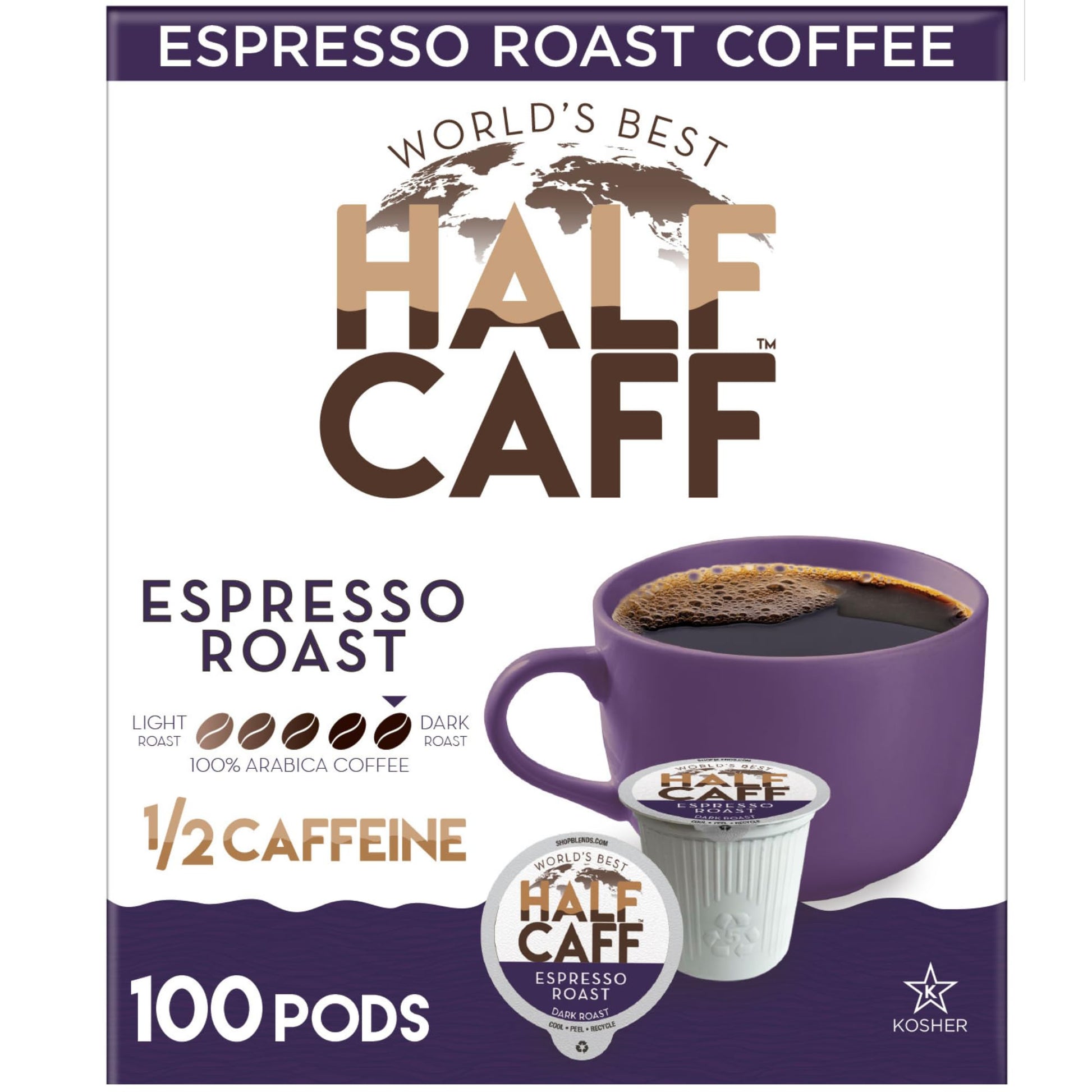 Worlds Best Half Caff Espresso Roast Coffee Pods, Dark Roast, 100% Arabica, 100 Count, Compatible with Keurig K Cups