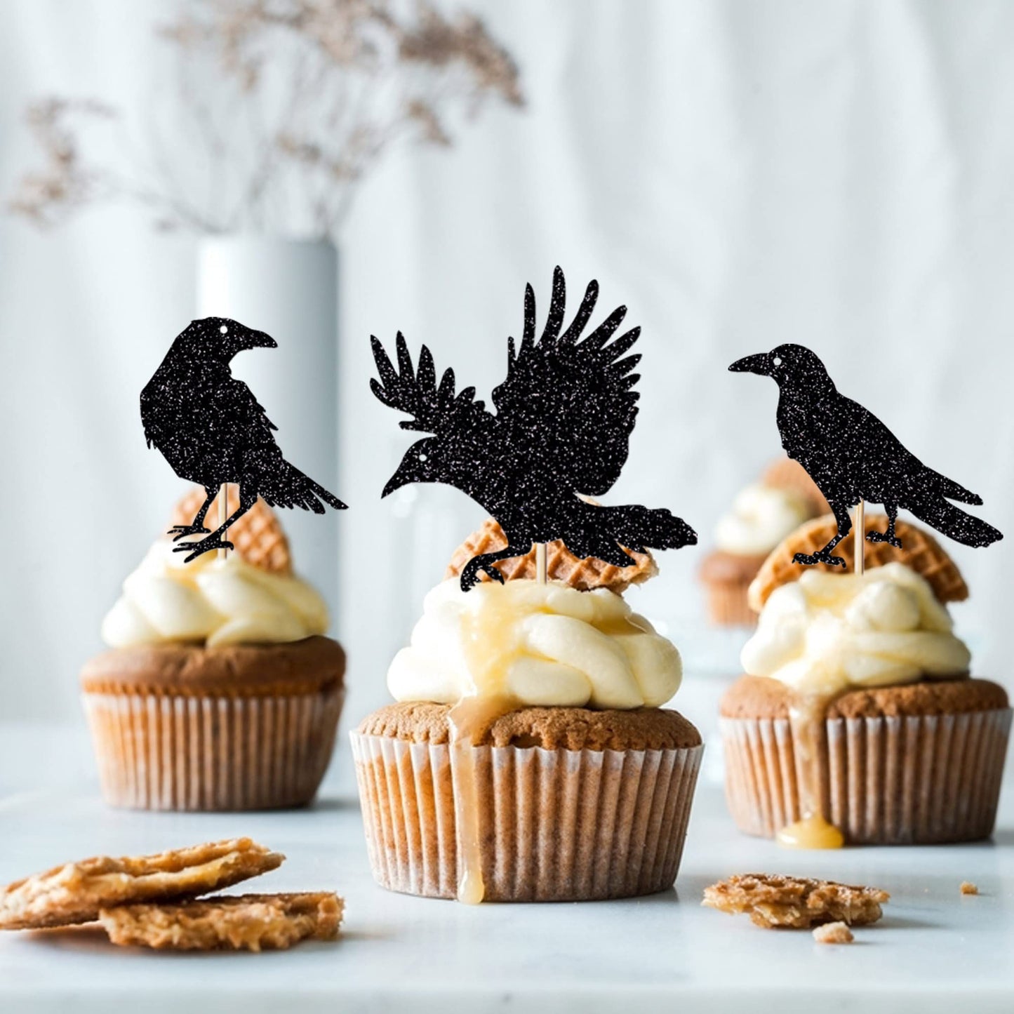 Leetaivie 24Pcs Black Glitter Crow Dessert Cupcake Toppers - Featured Halloween Themed Party Cake Topper (Black)