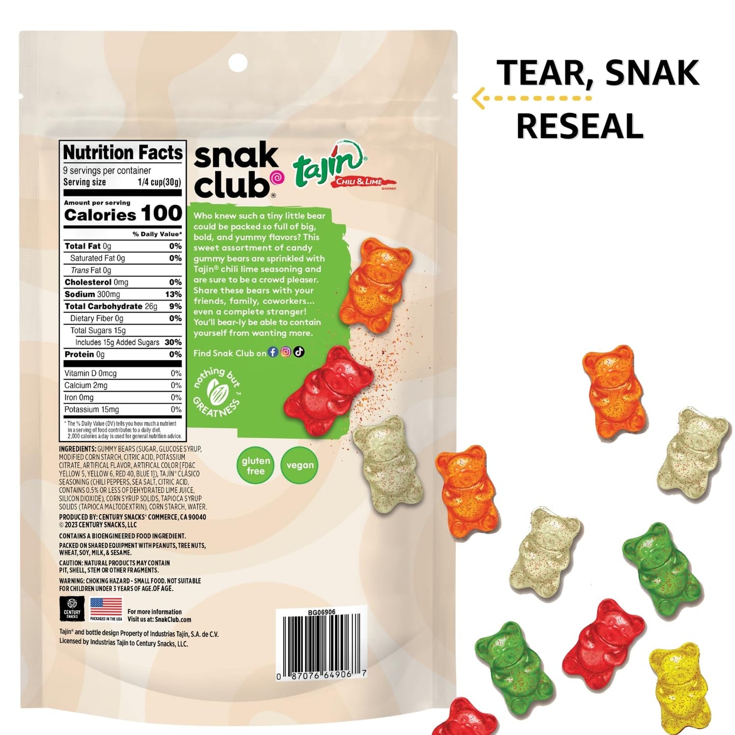 Snak Club Gummy Bears, Tajin Chili & Lime Sweet and Spicy Gummy Candy, Mild in Heat Bold in Flavor, Low-Fat, Vegan, Gluten-Free