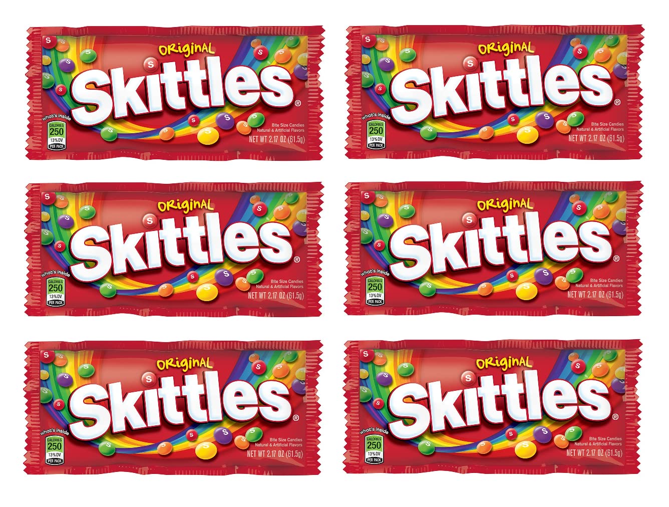 Skittles - Original, Wild Berry, Tropical, Smoothies, Sour, Brightside, All Lime - Full Size, Bite Size Candy, Individual Packs - Great For Holidays, Parties, Gifts & More ! (Original - 2.17 Ounce, 6 Count)