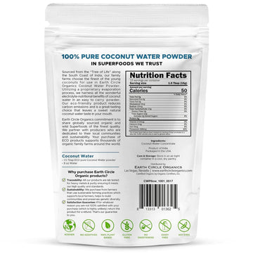 Earth Circle Organics Dried Coconut Water Powder - Hydration & Energy dietary product, Unsweetened, Vegan, Gluten Free, 8 Ounce (Pack of 3)