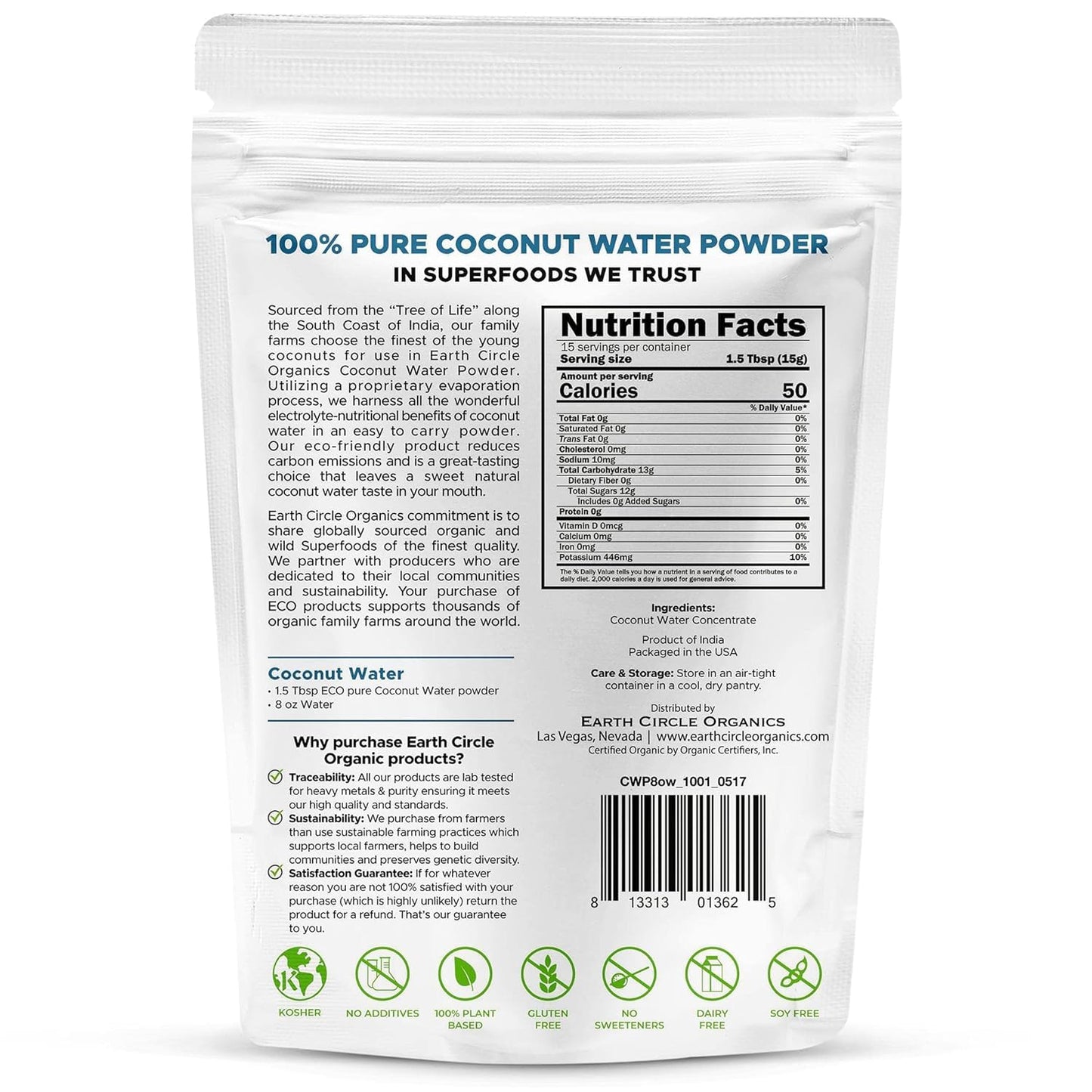 Earth Circle Organics Coconut Water Powder - Hydration dietary product, Vegan, Gluten Free, 8oz