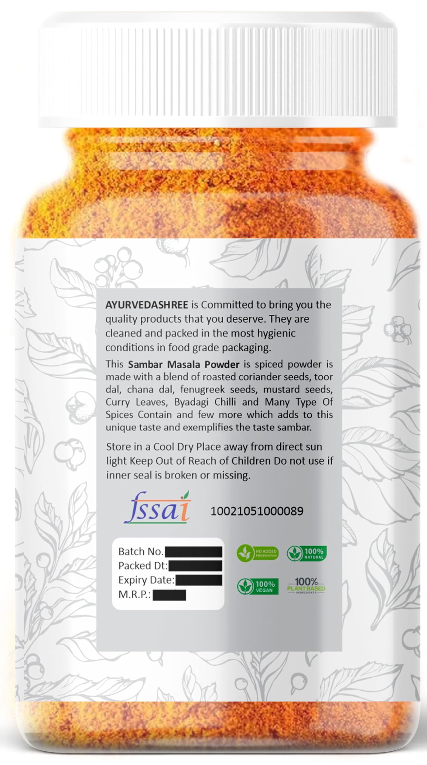 AYURVEDASHREE Sambar Masala (Lentil Soup Spice Blend) 100gm PET Jar | All Natural | Vegan | No Colors | NON-GMO | Indian Origin