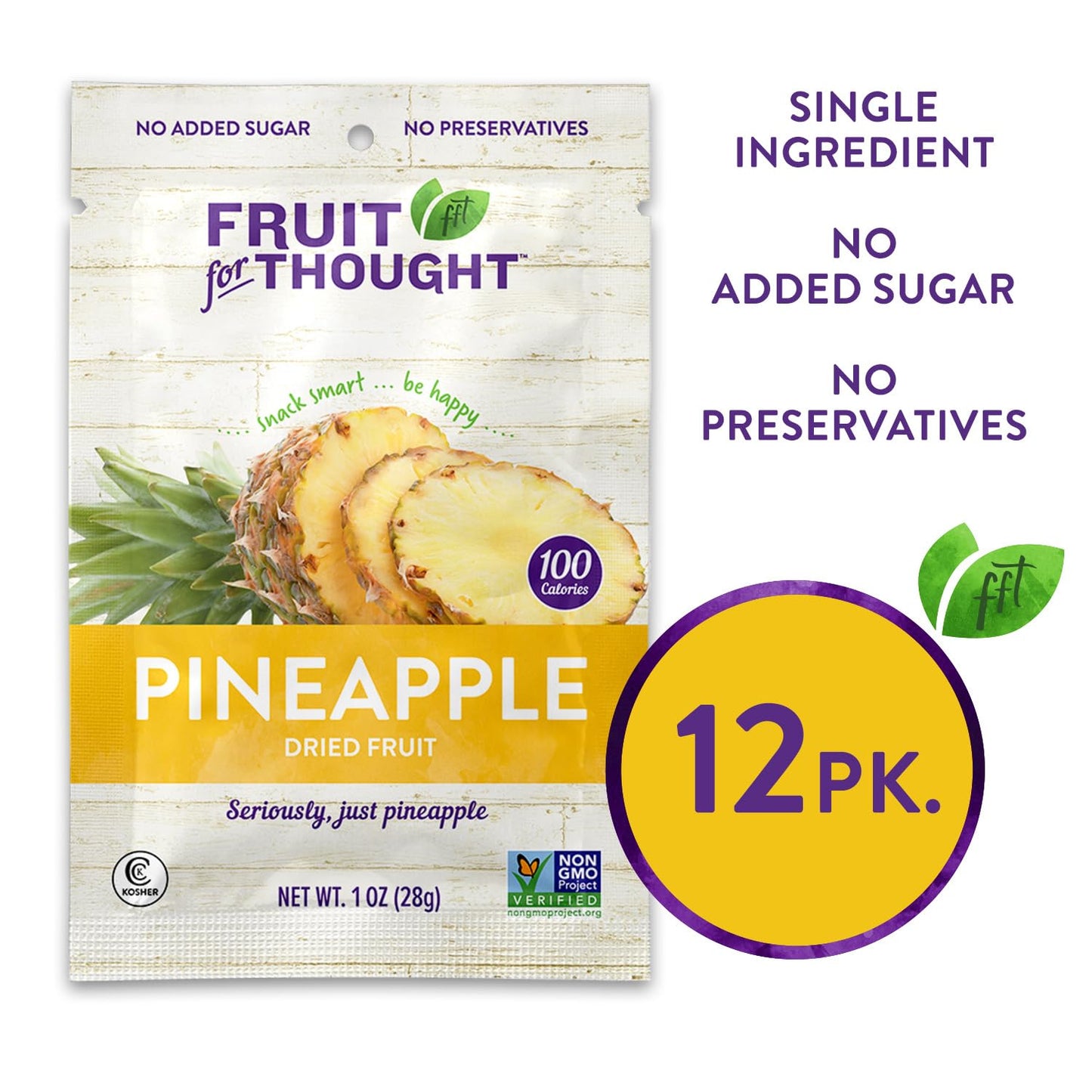 Fruit For Thought Dried Pineapple Snack Packs, 1 Ounce Bags, Pack of 12, Ideal for Family, At Home, Work, or On The Go
