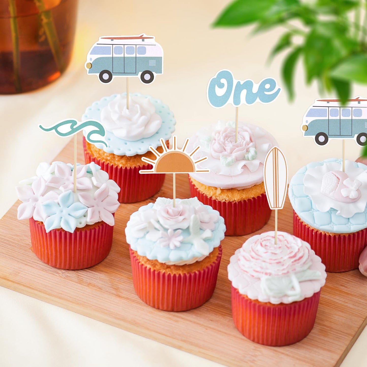 PEUTIER 25pcs Wave Surf Cake Topper, 5 Styles, Paper, Blue/White/Yellow, Model 13104, First Birthday Party Decoration