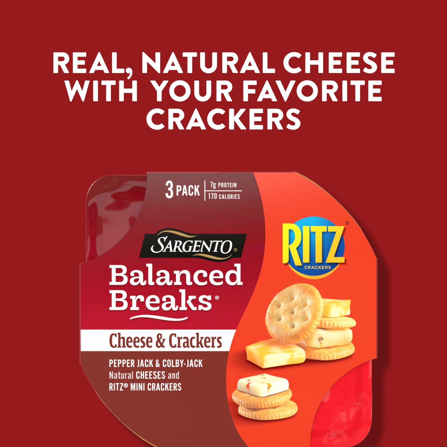 Sargento Balanced Breaks Cheese & Crackers, Natural Pepper Jack & Colby-Jack Cheese and RITZ Mini Original Crackers Snack Kit, 3
