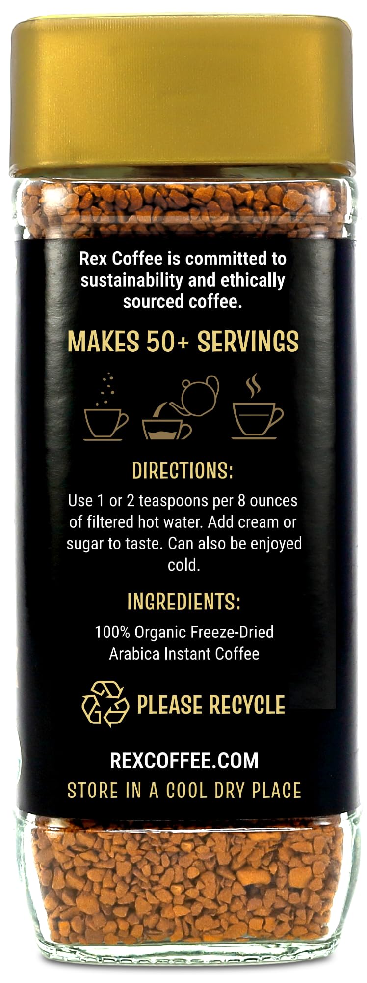Rex Coffee Organic Fairtrade Freeze-Dried Instant Coffee - Medium Roast Arabica, 3.53 oz Glass Jar (Pack of 12)