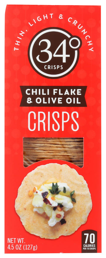 34 Degrees Chili Flake & Olive Oil Crisps, Thin Light & Crunchy Crisps, 4.5 Oz (Pack of 12)